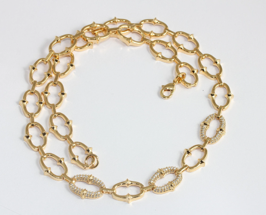 18,5'' 24k Shiny Gold Link Chain Necklace, Micro Pave Chain, CHK621-1