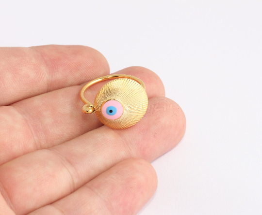 24k Shiny Gold Rings, Pink Enamel Evil Eye Rings, Large , XP71
