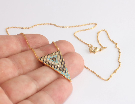 17'' 24k Shiny Gold Triangle ,Necklace, CZ Colorful ,Stone , XP421