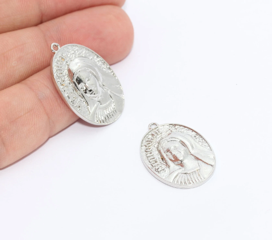 17x28mm Silver Plated Mother Mary Pendant, Mother, Coins MTE684