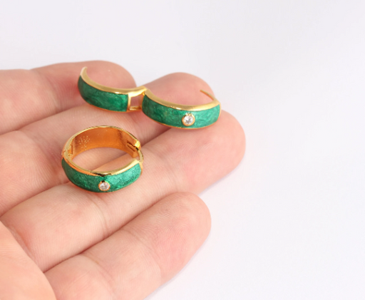 CZ Hoop Earrings, Green Enamel Hoops