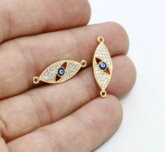 8x24mm 24k Shiny Gold Evil Eye Charm, Micro Pave Charms, ZRCN53