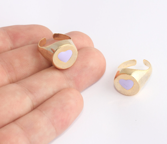 24k Shiny Gold Heart Rings, Enamel Heart Ring, Adjustable ETS197