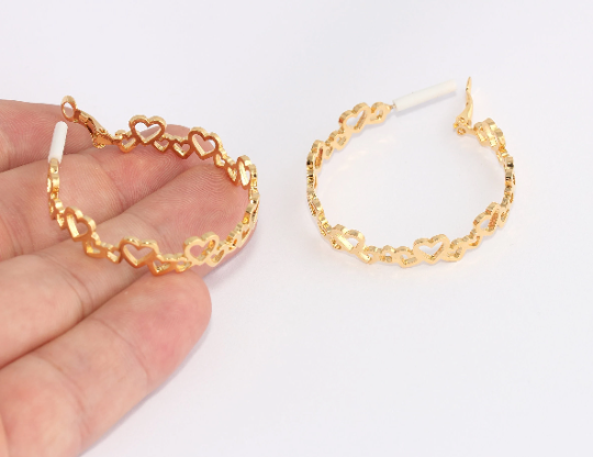 40mm 24k Shiny Gold Heart Earrings, Leverback Earrings, CHK692-1