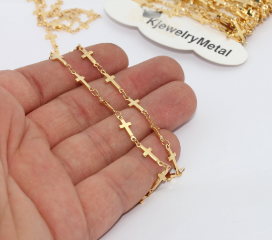 5x13mm 24k Shiny Gold Cross Chains, Cross Jewelry,                BXB276