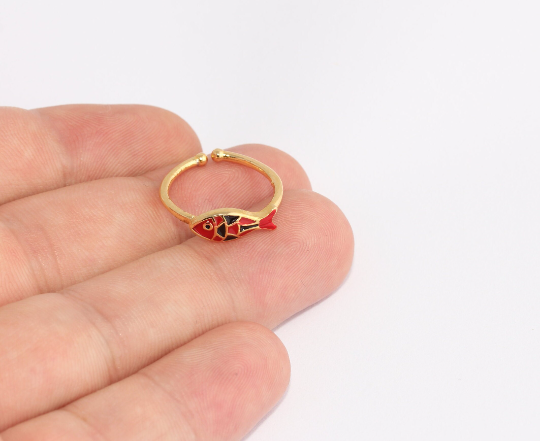 17-18mm 24k Shiny Gold Fish Rings, Red Enamel Fish Rings, SLM994