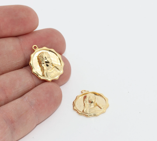 19x21mm 24k Shiny Gold Plated Mother Mary Pendant, BRT473