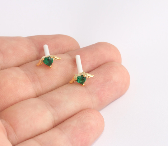 6x13mm 24k Shiny Gold Earrings, CZ Angel Stud Earrings, SLM508