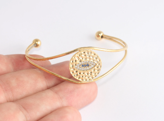 53mm 24k Shiny Gold Evil Eye Wire Cuff, CZ Evil Eye, Shiny, BXB373-3