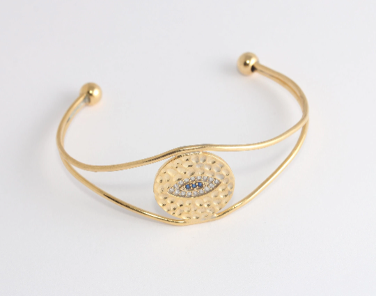 53mm 24k Shiny Gold Evil Eye Wire Cuff, CZ Evil Eye, Shiny,               BXB373-3