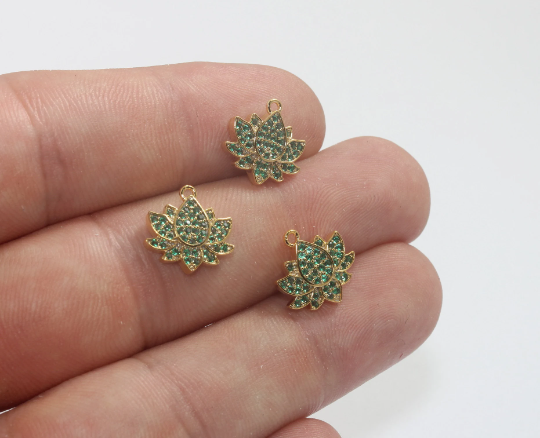 13x13mm 24k Shiny Gold Micro Pave Lotus Charm, Mini , MLS207