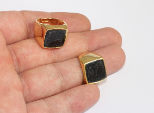 17-18mm 24k Shiny Gold Rings, Black Enamel Square Rings, MLS1047