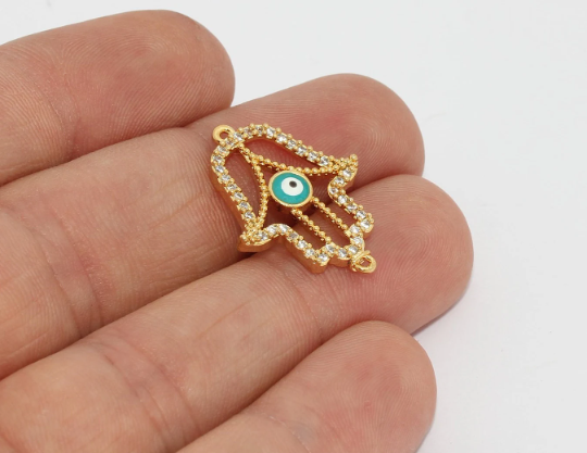 18x22mm 24k Shiny Gold Pave Hamsa, Micro Pave Evil Eye, CZ ZRCN121