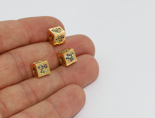 8x8mm 24k Shiny Gold CZ Heart Beads, Cube Heart Charm, BRT282