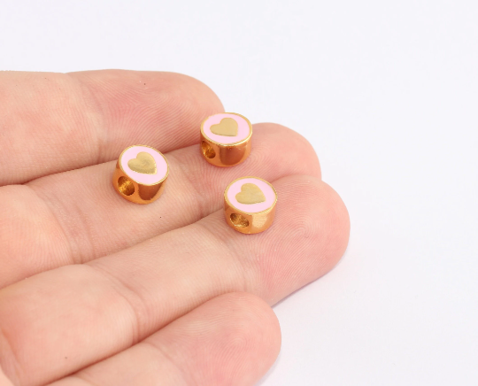 8mm 24k Shiny Gold Heart Charms, Pink Enamel , Gold SLM1040