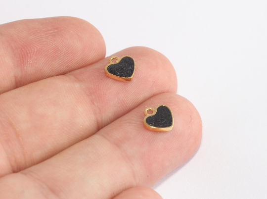 8mm 24k Shiny Gold Heart Beads, Black Enamel Heart , XP459