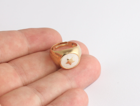 16-17mm 24k Shiny Gold Star Rings, White Enamel Round, XP310