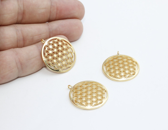 25mm 22k Shiny Gold Flower of Life, Yoga Pendants, Flower BRT307