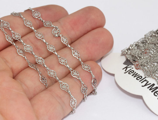 5x7mm Rhodium Plated Filigree Chains, Soldered Chains, Bar Chains, Bracelet Chain, Silver Coin Chain, Silver Plated Chains, SFC, BXB354