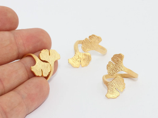 24k Matte Gold Ring, Gingko Biloba Leaf Ring, Maidenhair MTE1187