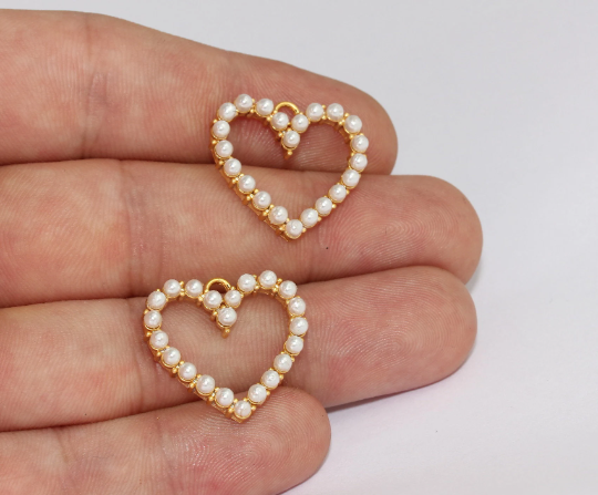23x24 mm 24 Ayar Parlak Altın Kalp Takılar, Mikro Taşlı İnci Boncuklu Kalp Boncuklar, MLS295