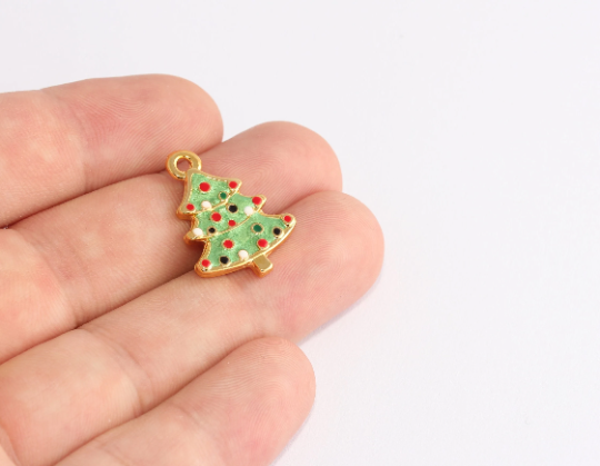18x25mm 24k Shiny Gold New Year Charms, Enamel Christmas Tree Charms, SLM813