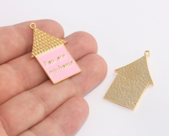 25x39mm 24 ayar Parlak Altın Ev Takıları, Pembe Emaye, SLM395