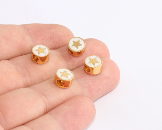 8mm 24k Shiny Gold Star Charms, White Enamel , SLM1039