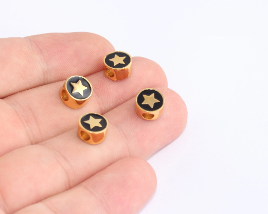 8mm 24k Shiny Gold Star Charms, Black Enamel Star, Gold SLM1048