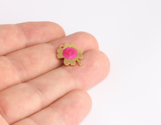 14x16mm 24k Shiny Gold Flower Charms, Pink Enamel, SLM160