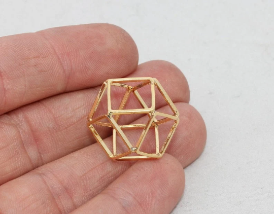 21 mm 24 ayar Parlak Altın Açık Küp Charm, 3D Küp Charmlar, CHK312