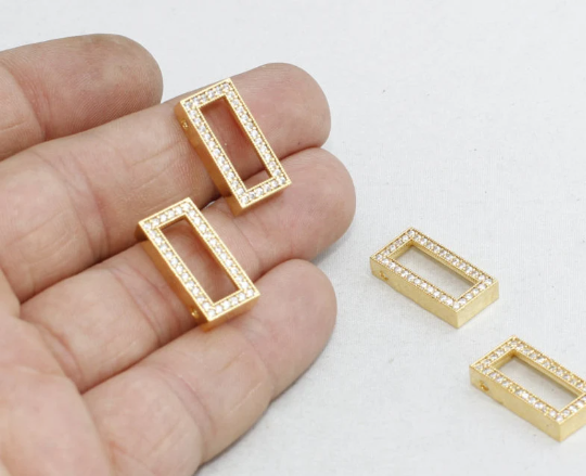 10x20mm 24 Ayar Parlak Altın Dikdörtgen Charm, Kübik Zirkonyum ZRCN120