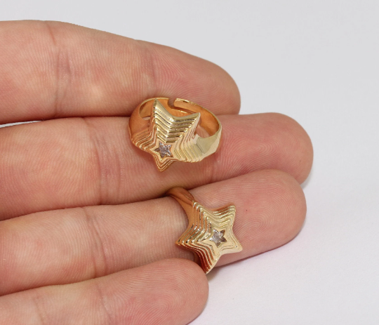 17-18mm 24k Shiny Gold Star Rings, Micro Pave Star Ring, MLS282
