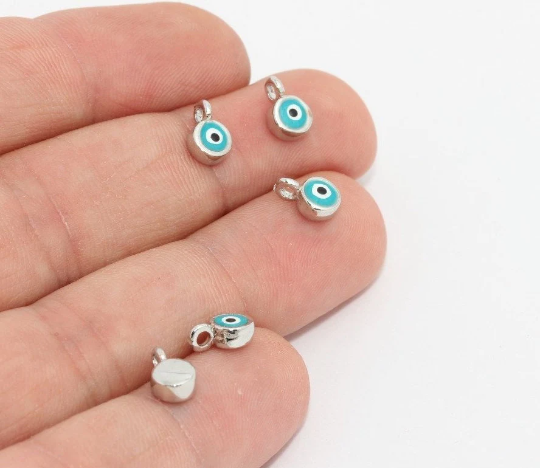 5x9mm Rhodium Plated Evil Eye Beads, Evil Eye Charms, Drop Charms, MTE1069