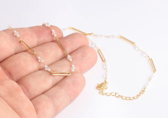 17'' 24k Shiny Gold Necklace, White Beaded Necklace, Ready CHK679