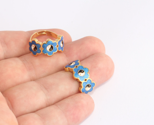 Anelli Yin Yang in oro lucido 24k da 17-18 mm, smalto blu Yin SLM825