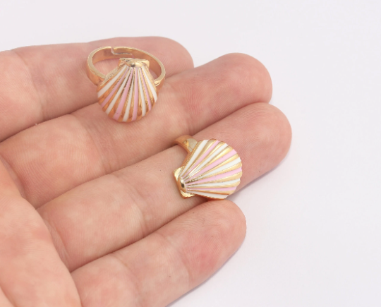 17-18mm 24k Shiny Gold Rings, Pink Enamel Shell Rings, SLM362