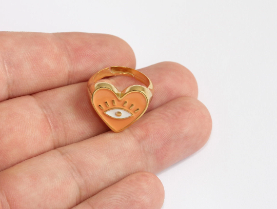 17-18mm 24k Shiny Gold Heart Rings, Light Orange Enamel Eye, MTE1497