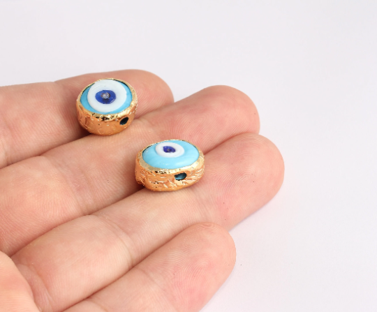 15mm 24k Shiny Gold Evil Eye Beads, Turquoise Enamel, SLM603