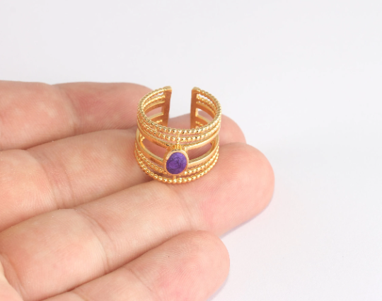 16-17mm 24k Shiny Gold Rings, Purple Drop Enamel Rings, XP390