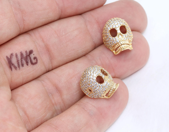 11x15mm 24k Gold Pave Skull Beads, Skull Charms, Gold ZRCN561