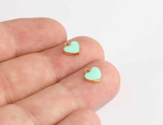 8mm 24k Shiny Gold Heart Beads, Turquoise Enamel Heart XP468