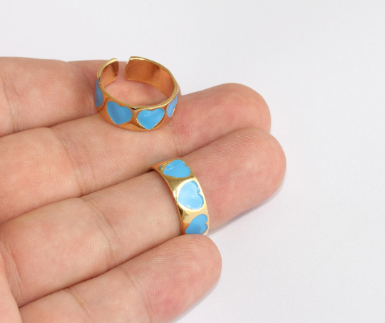 17-18mm 24k Shiny Gold Heart Rings, Blue Enamel Heart , SLM88