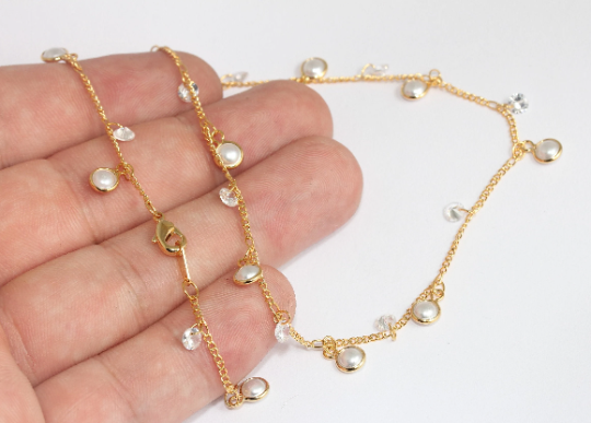 16" 24k Shiny Gold Pearl Necklace, White Pearl Necklace, CHK591-1