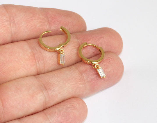 14mm 24k Shiny Gold Earrings, Leverback Earrings, Baguette Drop, Gold Plated Earrings,   MLS928