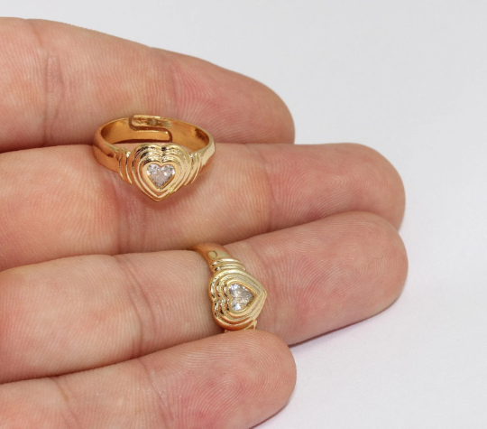 17-18mm 24k Shiny Gold Heart Ring, Micro Pave Heart Rings, MLS288