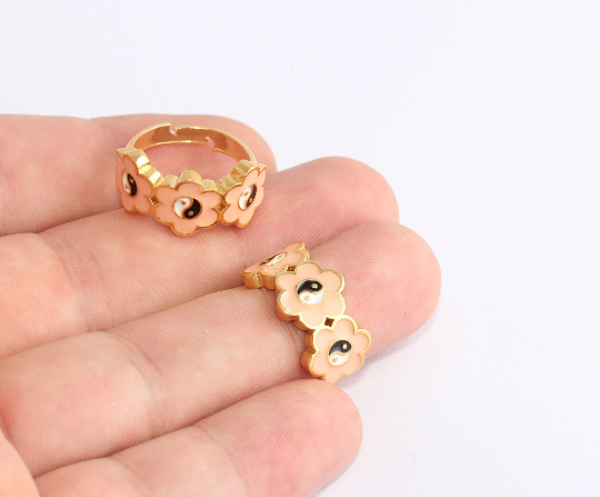 17-18mm 24k Shiny Gold Yin Yang Rings, Orange Enamel SLM828