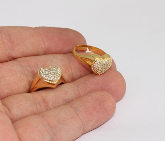 16mm 24k Shiny Gold Heart Ring, Micro Pave Heart Rings, FNL144