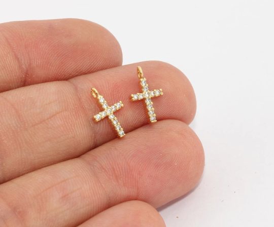 7x11mm 24k Shiny Gold Cross Charms, Micro Pave Cross ZRCN496