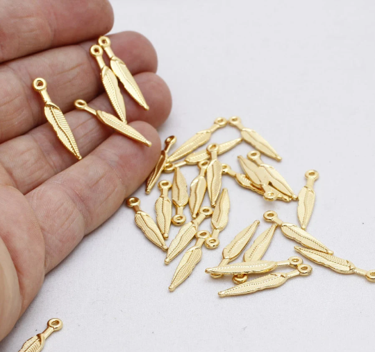 5x26mm 24k Shiny Gold Plated Leaf Charms, Gold Plated, Feather Beads, BRT49